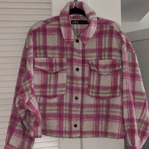 Zara Women's Pink and Cream Plaid Teddy Jacket